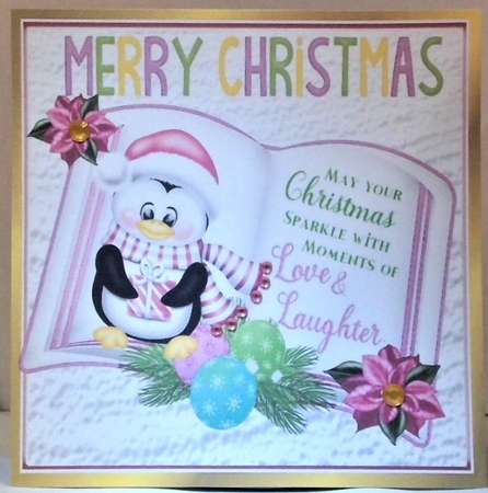 open book with verse, penguin in a scarf with pink poinsettias 8x8 by Hazel Underwood