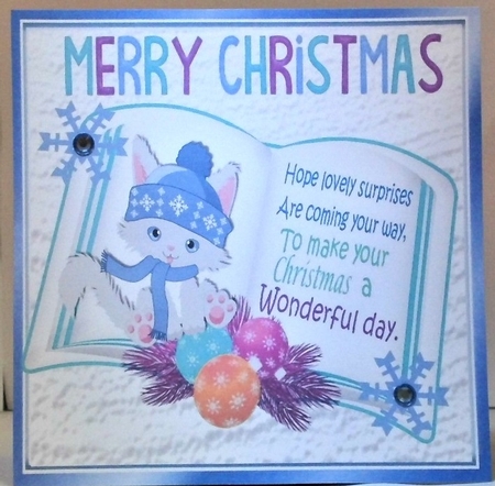 open book with verse and a cute kitten in blue hat 8x8 by Hazel Underwood