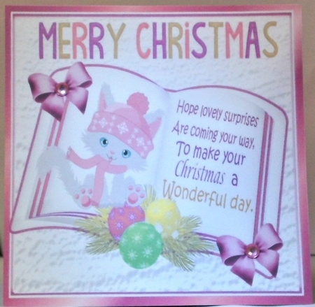 open book with verse and a cute kitten in pink hat 8x8 by Hazel Underwood