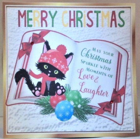 open book with verse and a cute black kitten in red hat 8x8 by Hazel Underwood