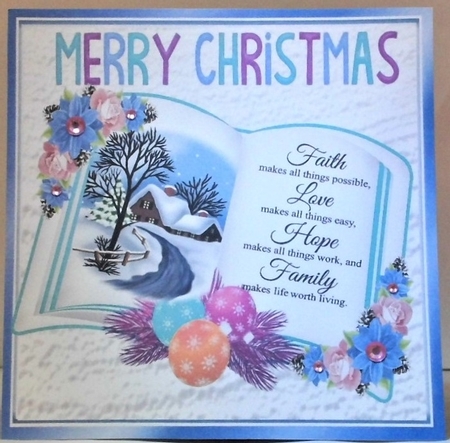 open book with verse and a pretty snowscene with poinsettias 8x8 by Hazel Underwood