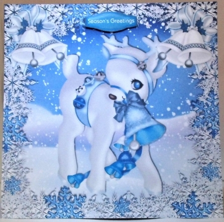 Cute deer in blue snow flake frame with bells 8x8 by Hazel Underwood