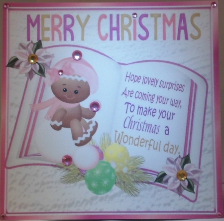 open book with verse and a ginger bread girl sat on a snowball 8x8 by Hazel Underwood