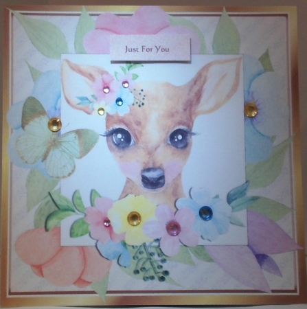 sweet water colour deer in flower frame with butterfly 8x8 by Hazel Underwood