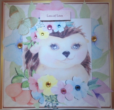 sweet water colour hedgehog in flower frame with butterfly 8x8 by Hazel Underwood