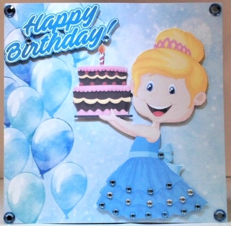 Birthday girl with blue ballooons and cake 7x7 by Hazel Underwood
