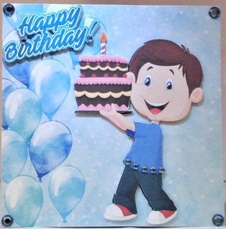 Birthday boy with blue ballooons and cake 7x7 by Hazel Underwood