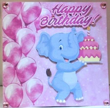 cute ele with birthday cake and pink ballooons 7x7 by Hazel Underwood