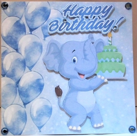 cute ele with birthday cake and blue ballooons 7x7 by Hazel Underwood