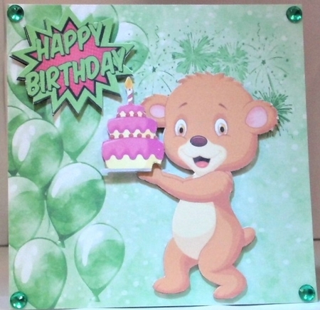 cute teddy bear with birthday cake and green ballooons 7x7 by Hazel Underwood