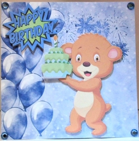 cute teddy bear with birthday cake and blue ballooons 7x7 by Hazel Underwood