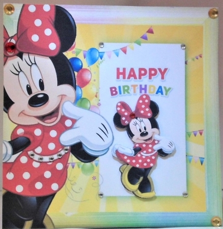 Cute Minnie Mouse in Rainbow frame with balloons 8x8 by Hazel Underwood