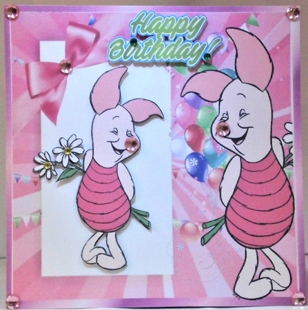 Cute piglet with daisies, bow & balloons 8x8 by Hazel Underwood