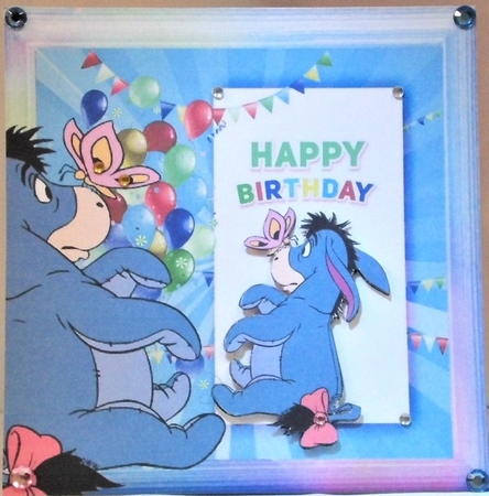 Cute Eeyore in Rainbow frame with butterfly & balloons 8x8 by Hazel Underwood