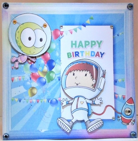 Spaceboy with Alien in rainbowbow frame with balloons 8x8 by Hazel Underwood