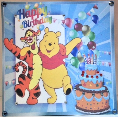 Happy pair pooh & tigger with balloons and yummy blue birthday cake 8x8 by Hazel Underwood