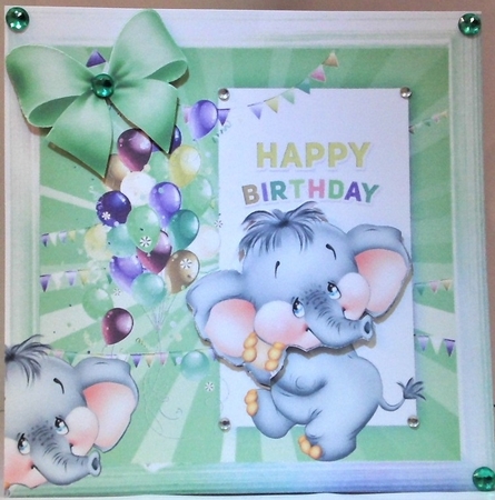 cute ele with green bow and balloons 8x8 by Hazel Underwood