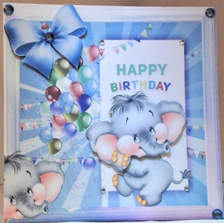 cute ele with blue bow and balloons 8x8 by Hazel Underwood