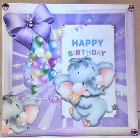 cute ele with purple bow and balloons 8x8 by Hazel Underwood