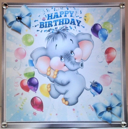 Cute little ele with balloons and corner blue bows 8x8 by Hazel Underwood