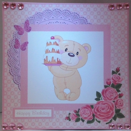 Happy birthday greeting card with bear and cake by Hazel Underwood