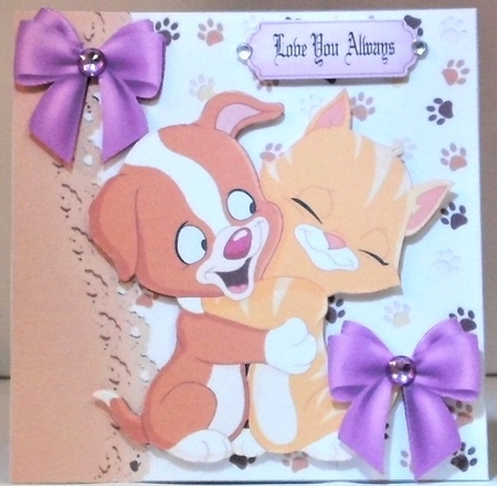 Puppy and kitty cuddles with purple bows 7x7 by Hazel Underwood