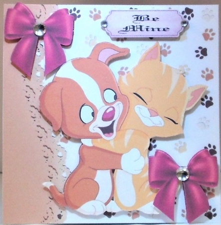 Puppy and kitty cuddles with pink bows 7x7 by Hazel Underwood