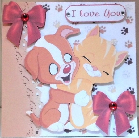  4 cute puppies  and kittens cuddling with bows 7x7 card fronts mini kit by Hazel Underwood