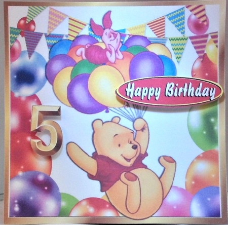 Lovely pooh bear with piglets with lots of balloons 8x8 by Hazel Underwood