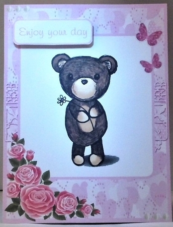Birthday greeting card with bear and butterflies by Hazel Underwood