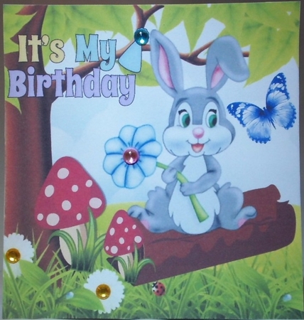 Cute bunny holding a flower on a log 8x8 by Hazel Underwood