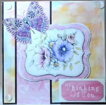 6 x 6 Chalk Effect Card with Toppers and Sentiment Toppers. Pink/Violet/Orange Flowers and Butterflies by Hazel Underwood