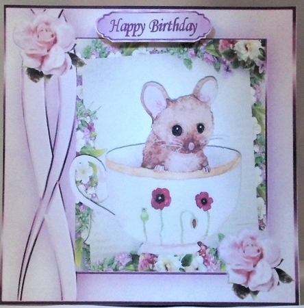 cute little water colour mouse in teacup with roses 8x8 by Hazel Underwood