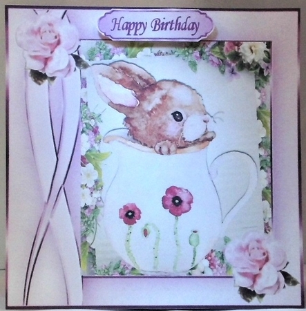 cute little water colour bunny in a vase playing peekaboo with roses 8x8 by Hazel Underwood