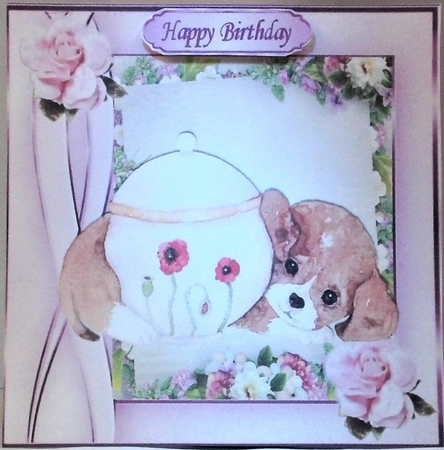 cute little water colour  puppy with roses 8x8 by Hazel Underwood