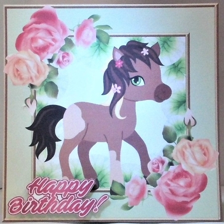 Cute brown pony with pink roses by Hazel Underwood