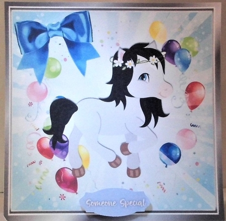 Little grey pony with balloons and blue bow 8x8 by Hazel Underwood