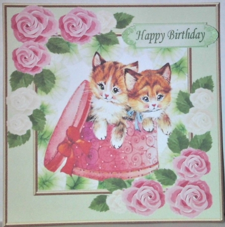 Cute kittens in hat box with pink/white roses 7x7 by Hazel Underwood