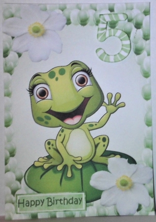 Cute little frog on a lily pad with white lilies in balloon frame A5 by Hazel Underwood