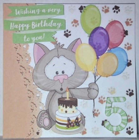 Birthday kitty with cake and balloons 7x7 by Hazel Underwood