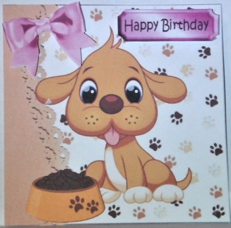 Cute puppy with pink bow and dish 7x7 by Hazel Underwood