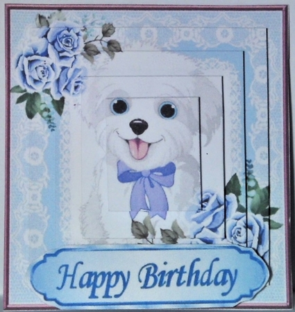Cute white puppy in lace frame with  bow, pyramids (blue) by Hazel Underwood