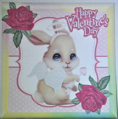Cute valentine bunny with pink roses in rainbow frame 8x8 by Hazel Underwood