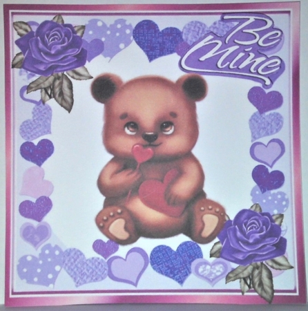Cute little brown valentine bear with purple roses and hearts 8x8 by Hazel Underwood
