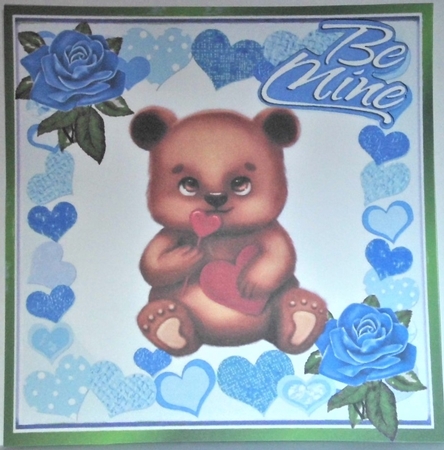 Cute little brown valentine bear with blue roses and hearts 8x8 by Hazel Underwood
