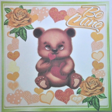 Cute little brown valentine bear with gold roses and hearts 8x8 by Hazel Underwood