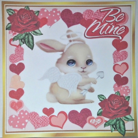cute valentine bunny with frame of hearts and red roses 8x8  by Hazel Underwood