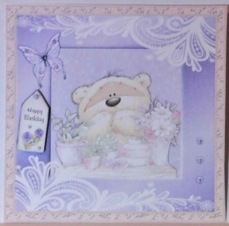 300dpi, 6 x 6 in Topper & Decoupage, female, any occasion, Bear with flowers, butterfly by Hazel Underwood