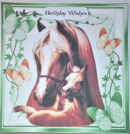 Lovely mum and baby foal with green butterflies 8x8 by Hazel Underwood