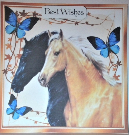 Lovely horses with blue butterflies 8x8,  by Hazel Underwood